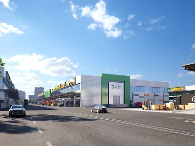 Modern Commercial Street With Shopping Buildings Cars And Blue Sky White Clouds 3d model