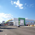 Modern Commercial Street With Shopping Buildings Cars And Blue Sky White Clouds
