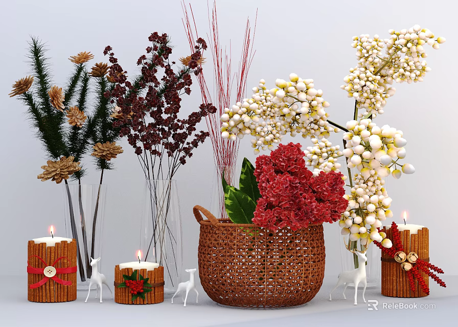 Beautiful Floral Arrangement In Wicker Basket Vase With Red White Flowers And Decorative Candles 3d model 