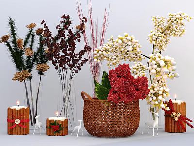 Beautiful Floral Arrangement In Wicker Basket Vase With Red White Flowers And Decorative Candles 3d model