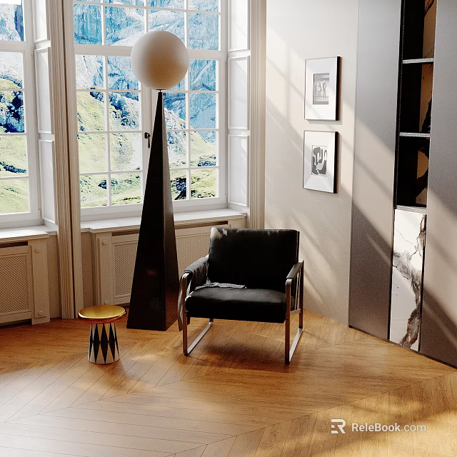 Black Cone Shaped Inflatable In Room With Leather Armchair Wooden Floor Mountain View Window 3d model 