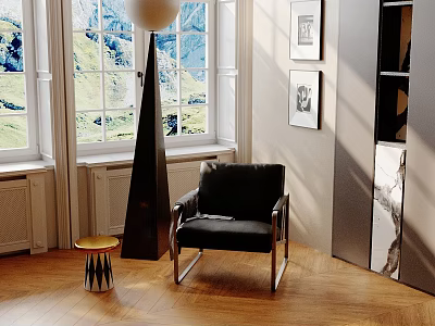 Black Cone Shaped Inflatable In Room With Leather Armchair Wooden Floor Mountain View Window 3d model