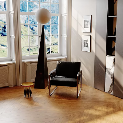 Black Cone Shaped Inflatable In Room With Leather Armchair Wooden Floor Mountain View Window 3d model