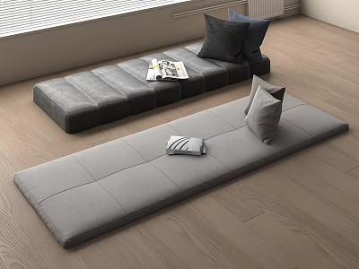 Modern Comfortable Floor Cushions in Gray and Dark Gray With Pillows Magazines On Wooden Floor 3d model