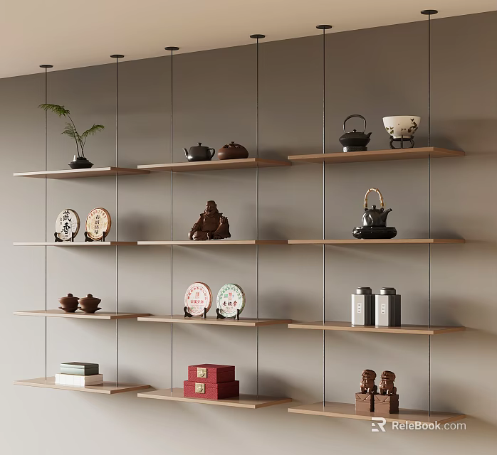 Stylish Wooden Wall Mounted Shelving Unit Displaying Tea Sets Decorative Figurines And Storage Boxes 3d model 