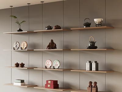 Stylish Wooden Wall Mounted Shelving Unit Displaying Tea Sets Decorative Figurines And Storage Boxes 3d model