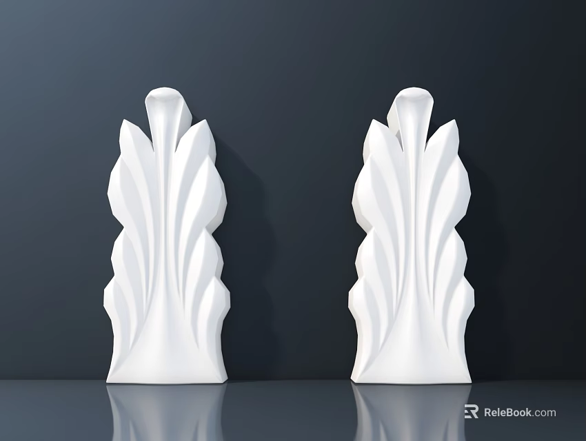 White Carved Decorative Sculptures with Curved Patterns on Dark Background and Reflective Surface 3d model