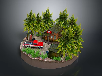 Scenic Rural Landscape With Wooden Cabin Red Car And Pine Trees 3d model