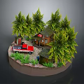 Scenic Rural Landscape With Wooden Cabin Red Car And Pine Trees