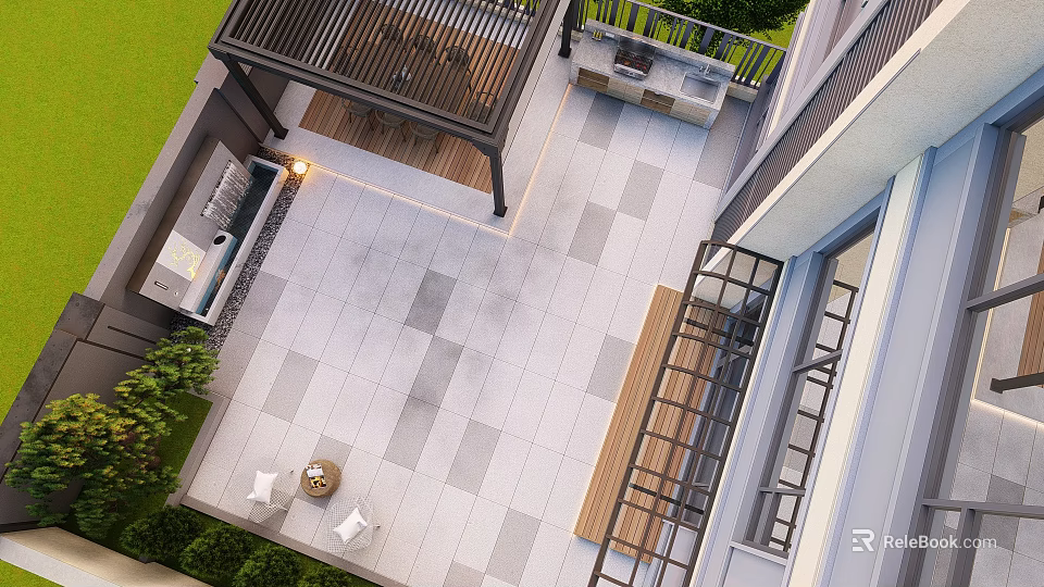 Modern Patio Garden Design With Gray Tile Flooring Wooden Pergola Outdoor Seating And Lawn Area 3d model 