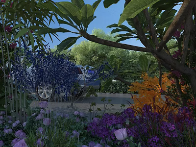 Rural Landscape With Colorful Purple Pink Orange Flowers Trees Shrubs And Blue Sky 3d model