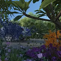 Rural Landscape With Colorful Purple Pink Orange Flowers Trees Shrubs And Blue Sky