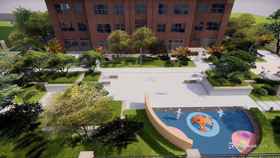 Residential Landscape With Green Lawn Trees Pedestrian Walkway Benches And Kids Play Area 3d model 