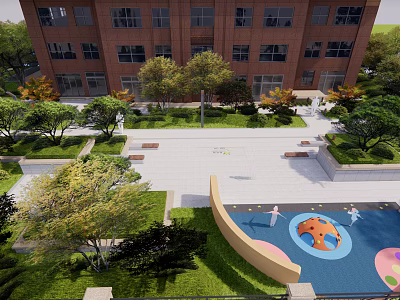 Residential Landscape With Green Lawn Trees Pedestrian Walkway Benches And Kids Play Area 3d model