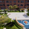 Residential Landscape With Green Lawn Trees Pedestrian Walkway Benches And Kids Play Area