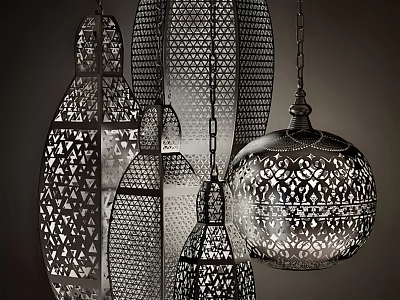 Chandeliers with Different Designs Intricate Cutout Patterns Metallic Material and Middle Eastern Geometric Motifs 3d model