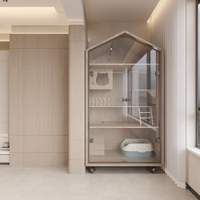 Modern Home Balcony With Wooden Glass Enclosure Cat Litter Box Shelves And Small Ladder 3d model