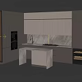 Modern Kitchen Interior With Gray Striped Cabinets Marble Island And Built In Appliances