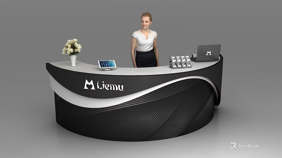 Modern Black And White Reception Desk With Liemu Logo Vase Tablet Laptop And Receptionist 3d model 