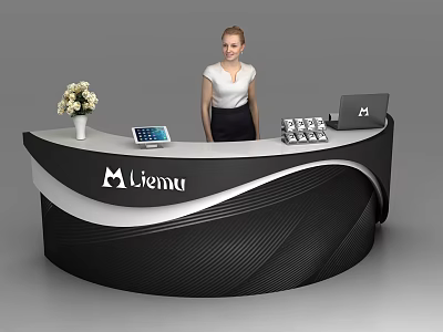 Modern Black And White Reception Desk With Liemu Logo Vase Tablet Laptop And Receptionist 3d model