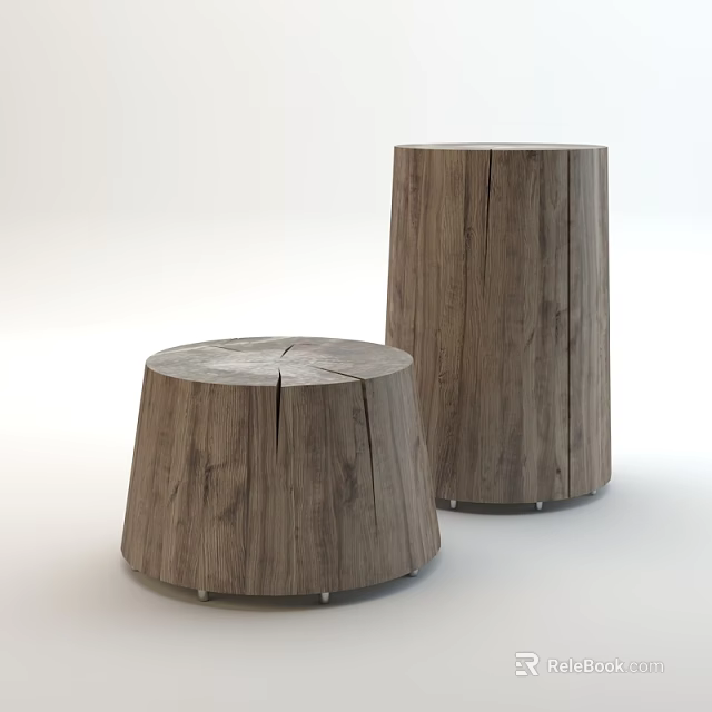Natural Wooden Log Style Stools With Cylindrical Design And Wood Grain Texture 3d model 
