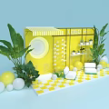 Yellow Display Stand With Logo Green Plants And Decorative Balls 3d model