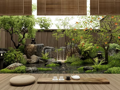 Serene Japanese Garden With Waterfall Stones Bamboo Tatami Cushion And Tea Set 3d model