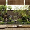 Serene Japanese Garden With Waterfall Stones Bamboo Tatami Cushion And Tea Set