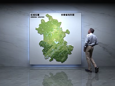 Green 3D Anhui Province Map Wall Decoration With Man Standing Viewing 3d model