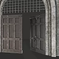 Classical Stone Entrance Gate with Arched Top Decorative Grille and Carved Frame