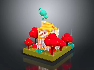 Colorful 3D House Model Scene With Yellow Building Red Trees And Green Bubbles 3d model