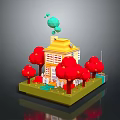 Colorful 3D House Model Scene With Yellow Building Red Trees And Green Bubbles