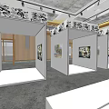 Art Gallery Interior With Wooden Slat Partition Reception Desk Red Circular Decorations And Green Plant