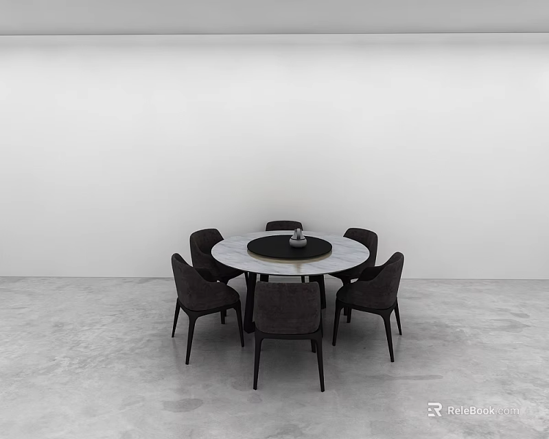 Modern Minimalist Dining Table Set With Round Black Tabletop And Six Dark Chairs 3d model