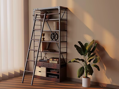 Metal Ladder Shelf With Decorative Items Books And Green Plant In Indoor Space 3d model