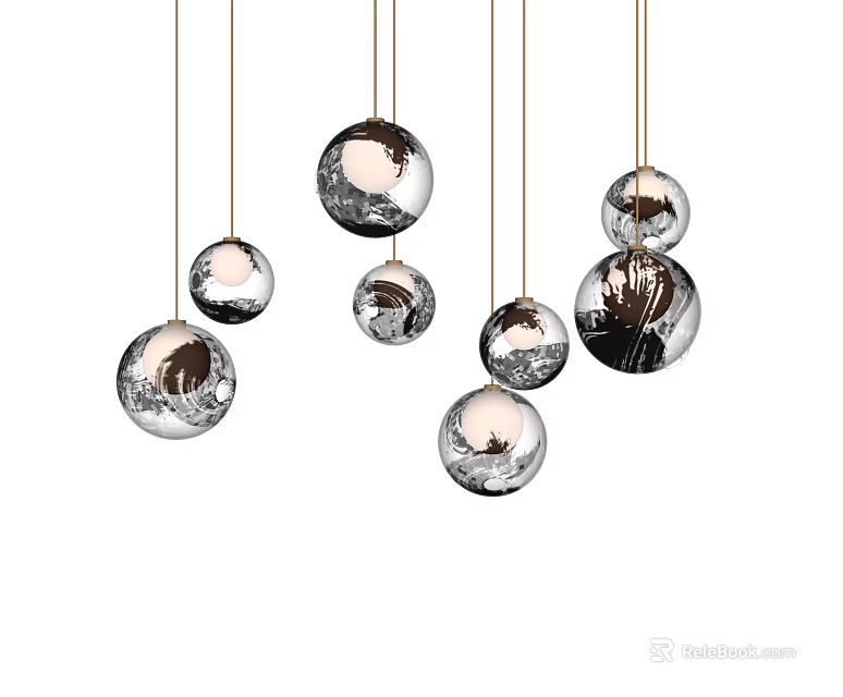 Multiple Silver Spherical Pendant Lights Hanging From Ceiling In Modern Design 3d model