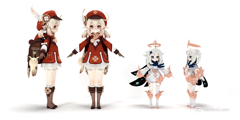 Colorful Anime Characters And Creatures Design With Hats Boots Skirts And Wings 3d model 