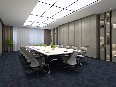Modern Conference Room Interior With Long Table Chairs Gray Wooden Walls And Grid Ceiling Lights 3d model