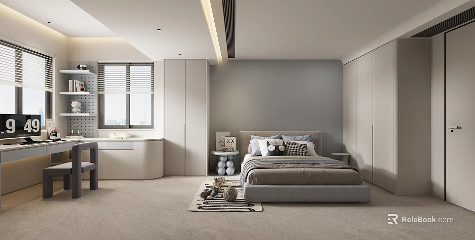 Modern Kids Room Interior Design With Bed Desk Window Blinds And Soft Rug 3d model 