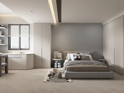 Modern Kids Room Interior Design With Bed Desk Window Blinds And Soft Rug 3d model