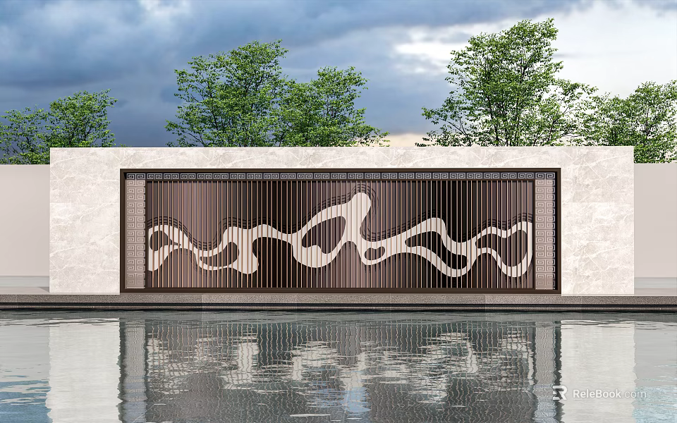 Scenic Feature Wall With Wavy Cutout Design Brown White Water Reflection Green Trees Cloudy Sky 3d model 