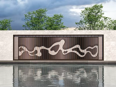 Scenic Feature Wall With Wavy Cutout Design Brown White Water Reflection Green Trees Cloudy Sky 3d model