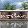 Scenic Feature Wall With Wavy Cutout Design Brown White Water Reflection Green Trees Cloudy Sky