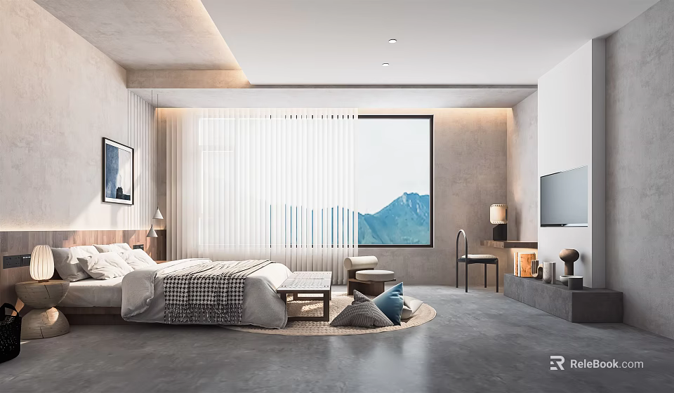 Modern Hotel Room With King Bed Mountain View And Minimalist Modern Design 3d model 