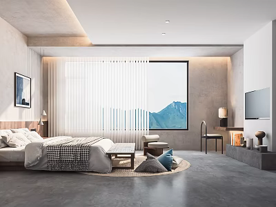 Modern Hotel Room With King Bed Mountain View And Minimalist Modern Design 3d model