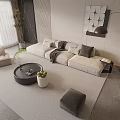 Modern Living Room Sofa Coffee Table Set With Beige Cushions Round Top and Throw Blanket