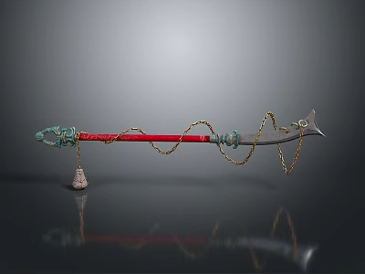 Traditional Decorative Weapon with Red Long Pole Green Decorated Head Golden Chains and Tassel End 3d model