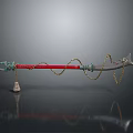 Traditional Decorative Weapon with Red Long Pole Green Decorated Head Golden Chains and Tassel End