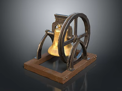 Antique Bell Structure With Golden Bell Body And Metal Wheels On Wooden Base 3d model