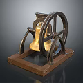 Antique Bell Structure With Golden Bell Body And Metal Wheels On Wooden Base
